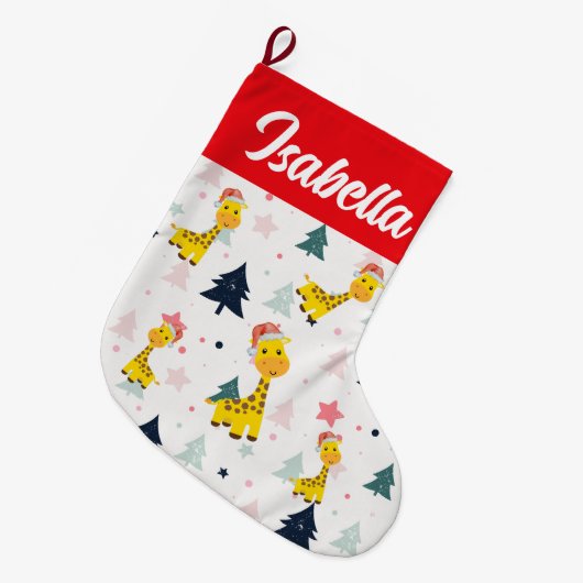 Red Merry Christmas Giraffe Zoo Weihnachtsmannmütz Großer Weihnachtsstrumpf (Vorderansicht (hängend))