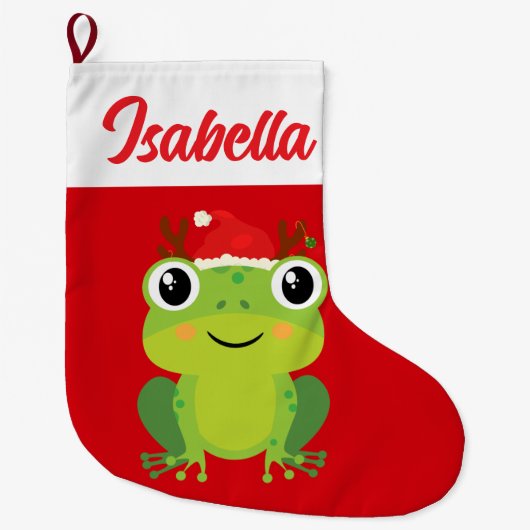 Red Merry Christmas Green Frosch Weihnachtsmannmüt Großer Weihnachtsstrumpf (Vorderseite)