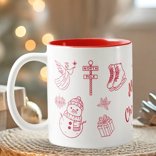 Red Merry Christmas Hand Draw  Zweifarbige Tasse