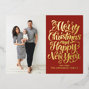 Red Merry Christmas & Happy New Year Foto Folien Feiertagspostkarte