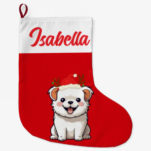 Red Merry Christmas Hund Welpe Weihnachtsmannmütze Großer Weihnachtsstrumpf