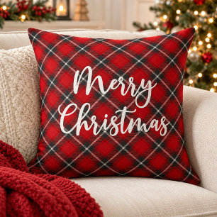 Red Merry Christmas Karierte Script Typografie Kissen