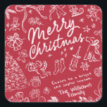 Red Merry Christmas Quadratischer Aufkleber<br><div class="desc">Frohe Weihnachten- Handgezeichnete Weihnachtsaufkleber Eine Touch von Charme und Wärme in die Weihnachtszeit bringen mit dieser skurrilen Weihnachtskollektion! Jedes Design ist mit einem gemütlichen Urlaubssinn gefüllt, was es zu einer herzlichen Wahl für Familie, Freunde oder alle, die eine lustige, kreative Touch Lieben. Schicken Sie ein Lächeln mit diesem skurrilen, wunderschön...</div>