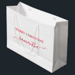 Red Merry Christmas Ribbon Swash Name Große Geschenktüte<br><div class="desc">Erstellen Sie Ihre eigene personalisierte oder monogrammatikalische große Urlaubsgeschenktasche für sie. Passen Sie den Stil und die Größe des niedlichen Bandschusses nach Bedarf an. Erhöhen Sie die Größe des Schriftartes für kürzere Namen... verringern Sie die Größe des Schriftartes für längere Namen. Ändern Sie die Farbe des weißen Hintergrunds oder des...</div>