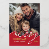 Red Merry Christmas Script Foto Folien Feiertagskarte (Vorderseite)