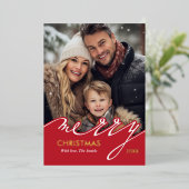 Red Merry Christmas Script Foto Folien Feiertagskarte (Stehend vorne)