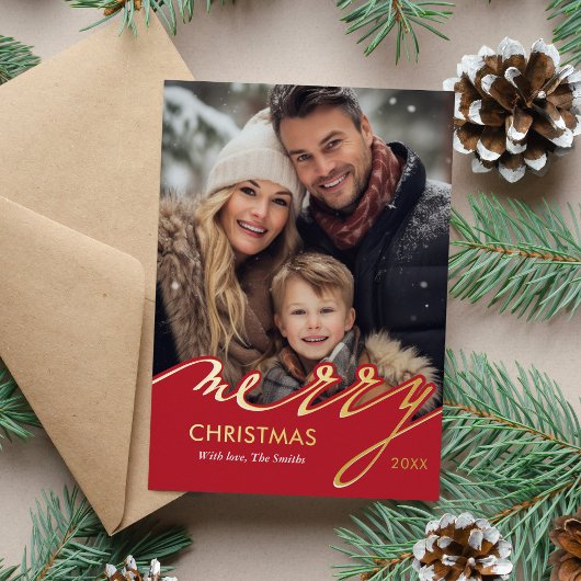 Red Merry Christmas Script Foto Folien Feiertagskarte