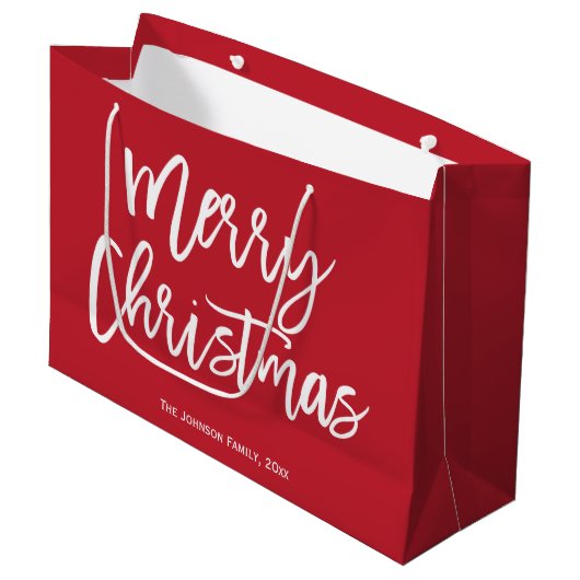 Red Merry Christmas Script Geschenktaschen Große Geschenktüte (Vorderseite Schrägansicht)