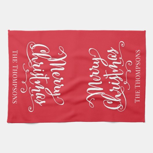 Red Merry Christmas Script Personalisiert Geschirrtuch (Horizontal)
