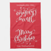 Red Merry Christmas Script Personalisiert Geschirrtuch (Vertikal)