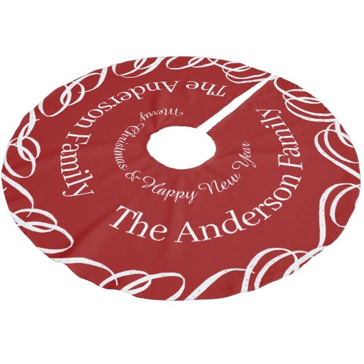 Red Merry Christmas Swirl Design Personalisiert Polyester Weihnachtsbaumdecke (Schrägansicht)