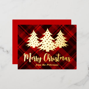 Red Merry Christmas Tree Rustic Kariert Gold Folien Feiertagspostkarte