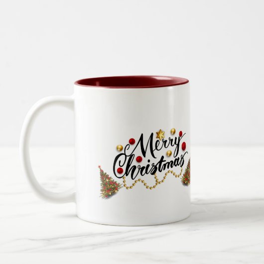 Red Merry Christmas Tree Zweifarbige Tasse (Links)