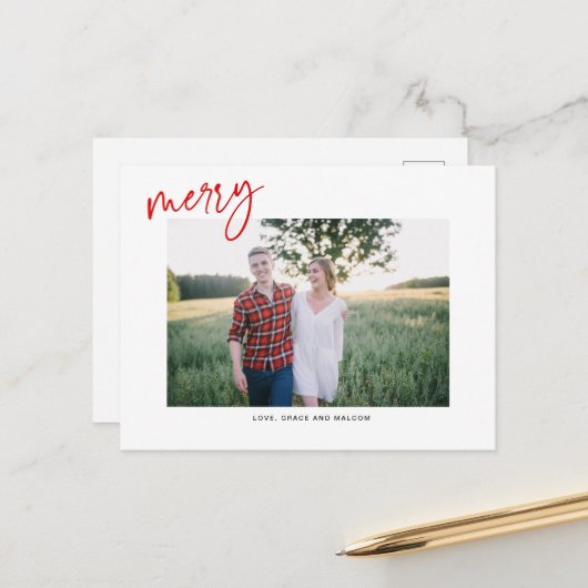 Red Merry Holiday Hand Schriftliche Postkarte (Vorderseite/Rückseite Beispiel)