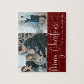 Red Merry Weihnachts Script 2 Foto Collage Holiday Puzzle (Vertikal)