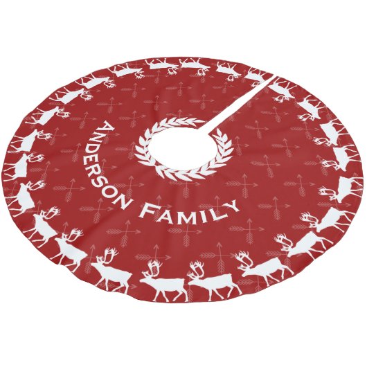 Red Merry Weihnachtsfamilie Name Reindeer Arrows Polyester Weihnachtsbaumdecke (Schrägansicht)