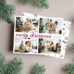 Red Merry Weihnachtskalligraphie Vier Foto Feiertagskarte<br><div class="desc">Rote Weihnachtskalligraphie Vier Foto-Urlaubskarte mit Aquarellkirsche und Blätter-Muster hinten.</div>