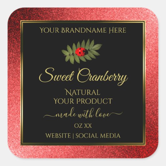 Red Metallic Glitzer Black Product Labels Ladybug Quadratischer Aufkleber (Vorderseite)