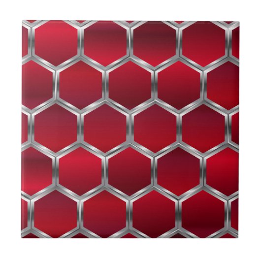 Red & Metallic Silver Octagons Muster Fliese (Vorderseite)