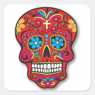 Red Mexican Sugar Skull Day of the Dead Quadratischer Aufkleber