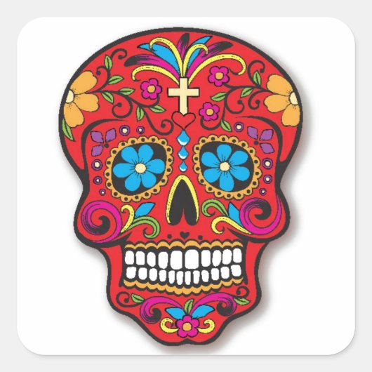 Red Mexican Sugar Skull Day of the Dead Quadratischer Aufkleber (Vorderseite)