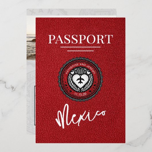 Red Mexico Passport Hochzeit Folieneinladung (Vorderseite/Rückseite)