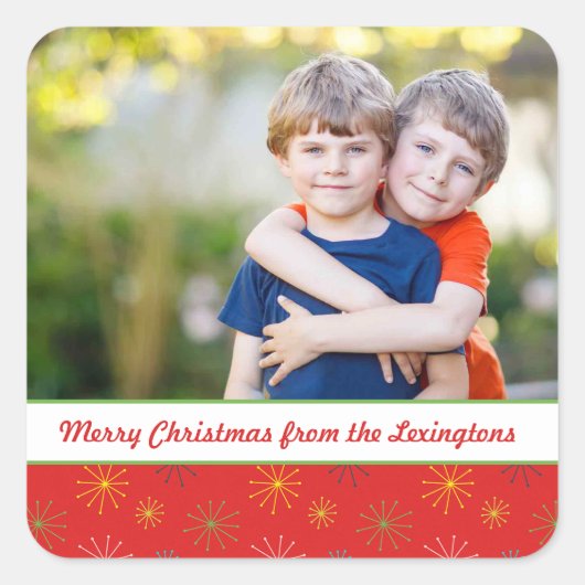Red Mid Century Modernes Atomweihnachtliches Foto Quadratischer Aufkleber (Vorderseite)