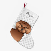 Red Mini Goldendoodle Cartoon Dog Head & Name Kleiner Weihnachtsstrumpf (Vorderansicht (hängend))