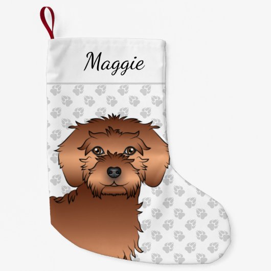 Red Mini Goldendoodle Cartoon Dog Head & Name Kleiner Weihnachtsstrumpf (Vorderseite)