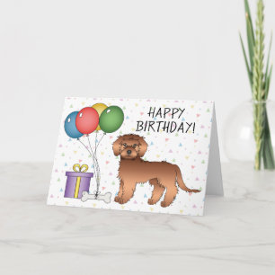 Red Mini Goldendoodle Cartoon Hund Happy Birthday Karte