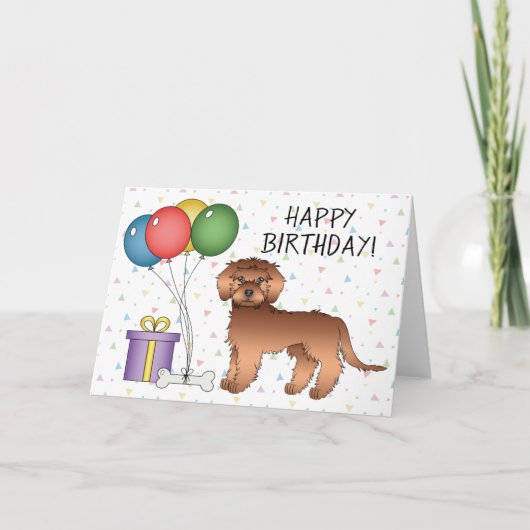 Red Mini Goldendoodle Cartoon Hund Happy Birthday Karte (Vorderseite)