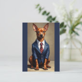 Red Miniature Pinscher Tragen Anzug und Krawatte Postkarte (Stehend Vorderseite)