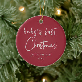 Red Minimal Elegant Foto Baby's First Christmas Keramik Ornament