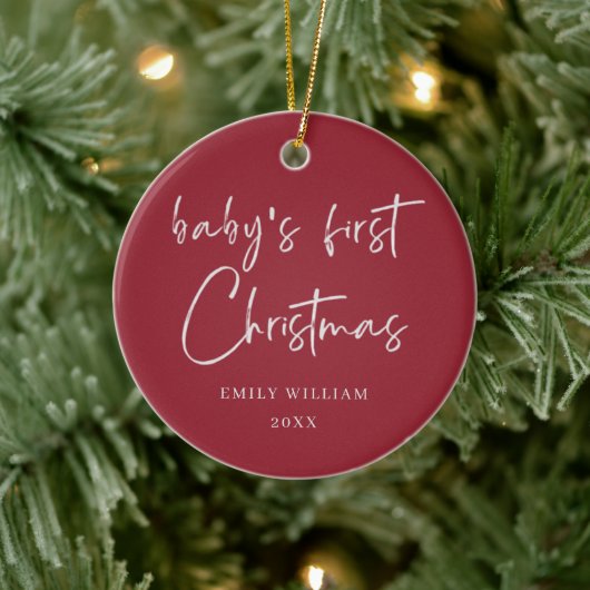 Red Minimal Elegant Foto Baby's First Christmas Keramik Ornament (Baum)