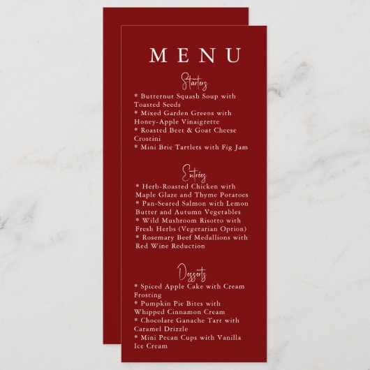 Red Minimalist Modern Wedding Menu Menükarte (Vorne/Hinten)