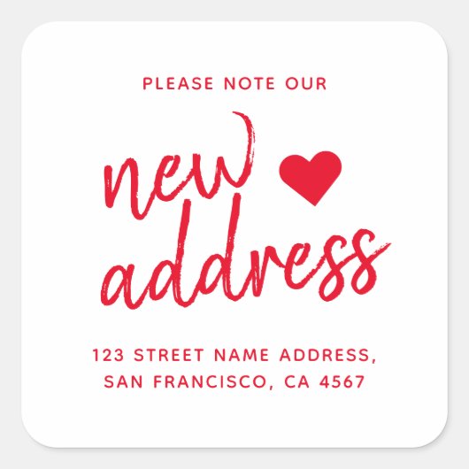 Red Minimalistisch Bitte beachten Sie unsere neue Quadratischer Aufkleber (Vorderseite)