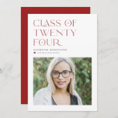 Red Minimalistisch Class of 2024 Foto Abschluss Ankündigung (Vorne/Hinten)