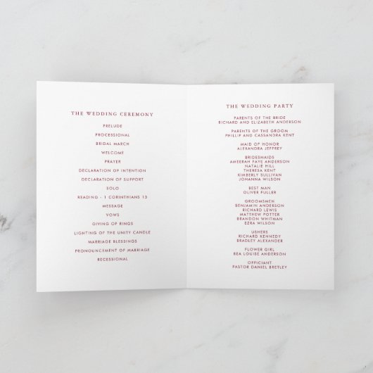 Red Minimalistisch Dainty Script Wedding Programm (Innenseite)