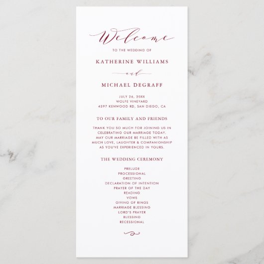 Red Minimalistisch Dainty Script Wedding Zeremony Programm (Vorderseite)