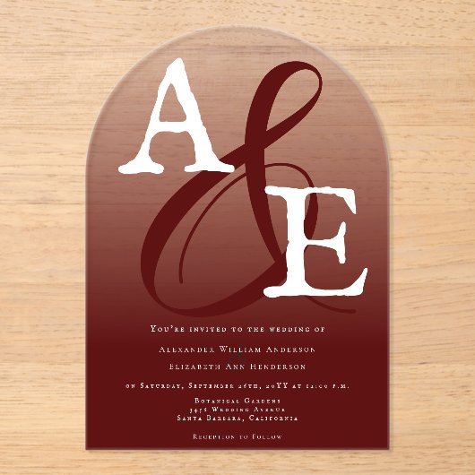 Red Minimalistisch Monogram Wedding Acryleinladungen (Vorderseite)