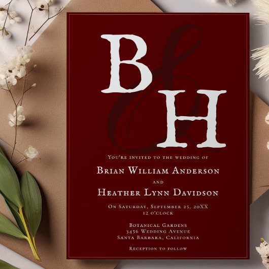 Red Minimalistisch Monogram Wedding Einladung