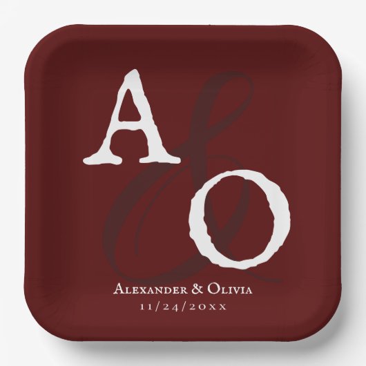 Red Minimalistisch Monogram Wedding Pappteller (Vorderseite)