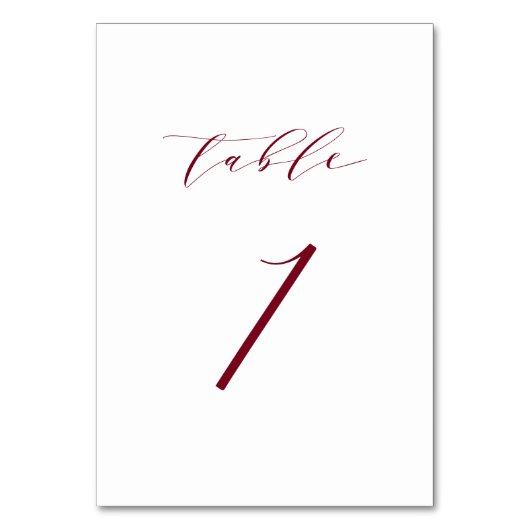 Red Minimalistisch Script Wedding Tischnummer 1 (Vorderseite)