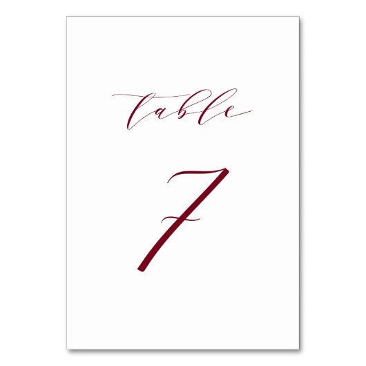 Red Minimalistisch Script Wedding Tischnummer 7 (Vorderseite)