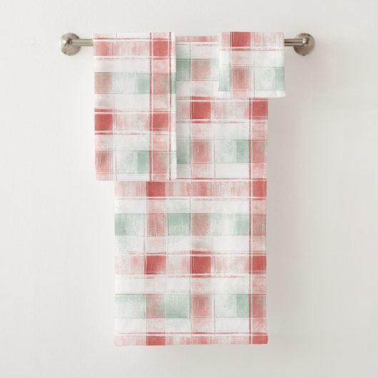 Red Mint Peppermint Mocha Plaid Stripes Christmas Badhandtuch Set (Insitu)
