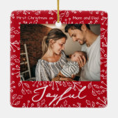 Red Mistletoe Doodles 2 Photos Joyful  Keramikornament (Rückseite)