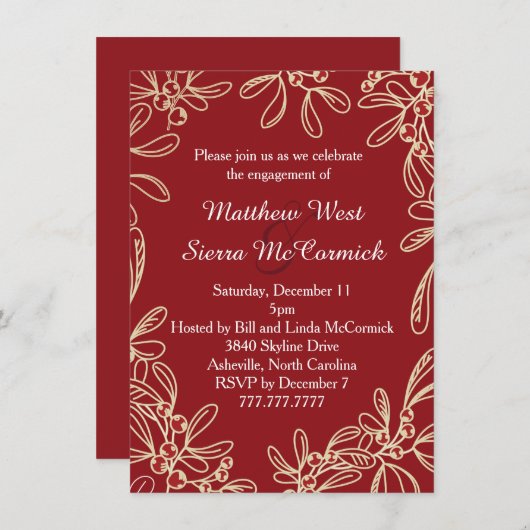 Red Mistletood Holiday Engagement Party Einladung (Vorne/Hinten)