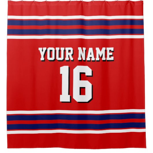 Red mit Navy White Stripes Sports Jersey Duschvorhang (Vorderseite)