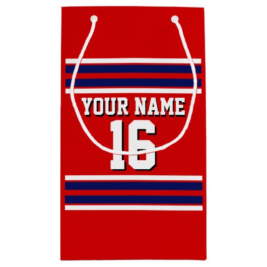 Red mit Navy White Stripes Team Jersey Kleine Geschenktüte (Rückseite)