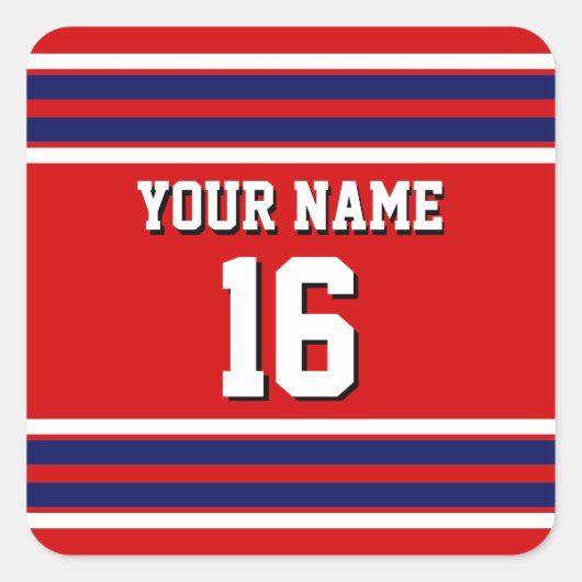 Red mit Navy White Stripes Team Jersey Quadratischer Aufkleber (Vorderseite)